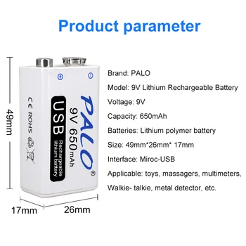  PALO 2-20pcs 9V 6F22 USB litijeva Baterija za ponovno Polnjenje 9 volt 650mAh baterija li-ion li ion liion pametnih polnilnih baterij