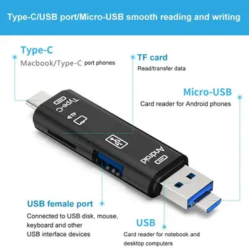  5In1 Multi OTG Kartic Micro-SD / SD / USB Bralnik Podpira TF Android Tip-C Telefona / Računalnika / Tip-C Univerzalni
