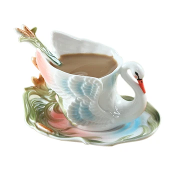  Visoko-kakovostni razred White Swan Živali Emajl kave Vrč In Krožnik Ustvarjalne Ročno izdelan iz Porcelana Piti Čaj, Mleko Vrč In Krožnik Žlico Set