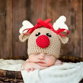  Novorojenček Fotografija Rekviziti baby Božični klobuk Jelen Design Ročno Kvačkane Jelena Kostum Nastavite Pletene Kape in Hlače komplet