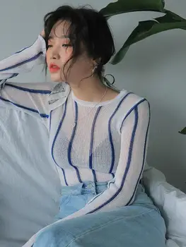  Seeslim Korejski Moda Pleteni Pulover Pulover Ženske Obleke Z Dolgimi Rokavi Prugasta 2022 Pomlad Jesen Ulične Dame Džemper