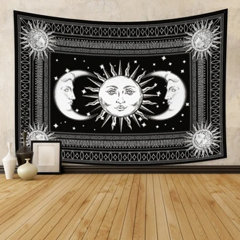 Bela Black Sun Moon Tapiserija Mandala Zvezdnato Nebo Steni Visi Bohemian Gypsy Psihedelični Tapiz Čarovnice Astrologija Tapiserija